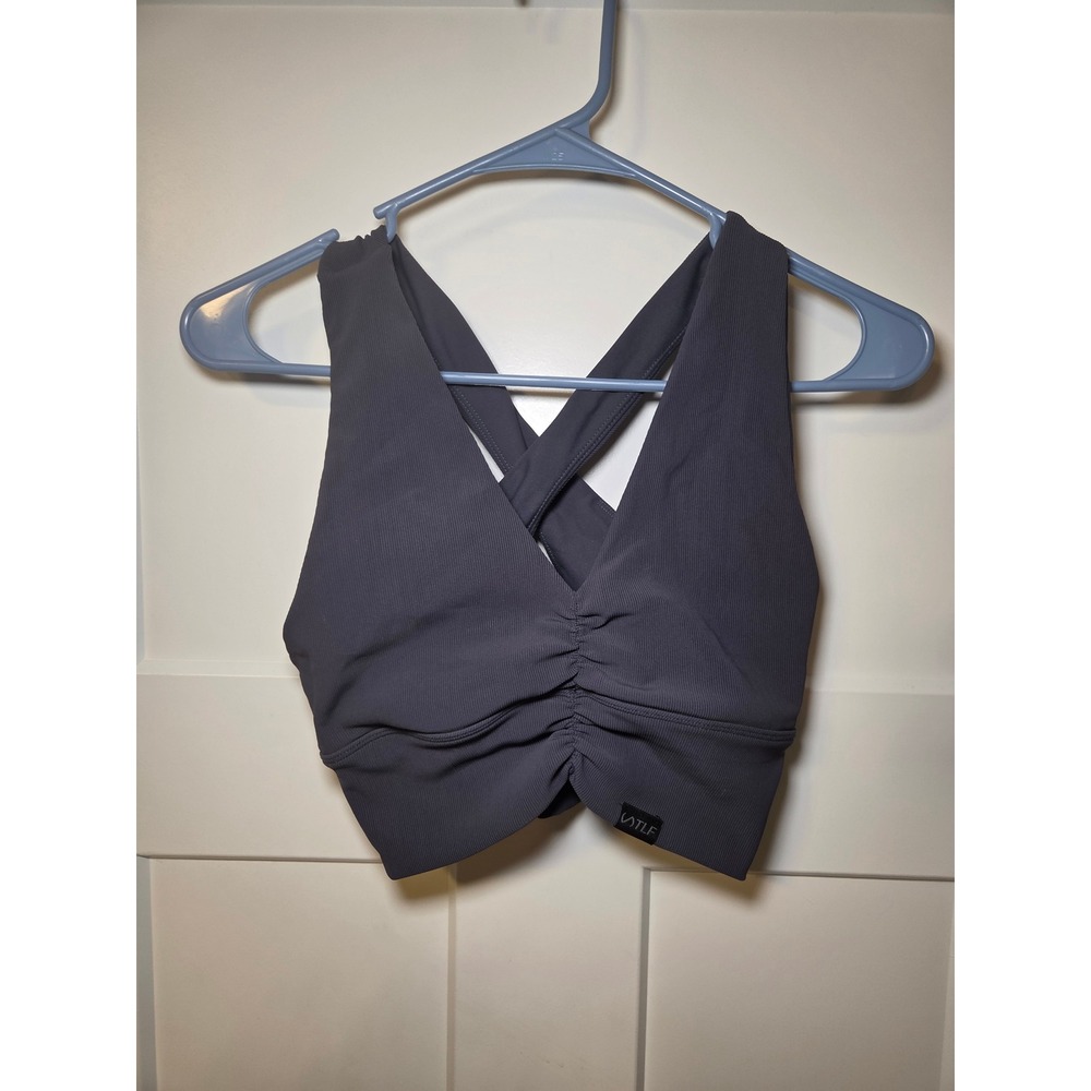 TLF Apparel Ribbed Ruched V-Neck Cross Back Sports Bra Charcoal Gray Medium